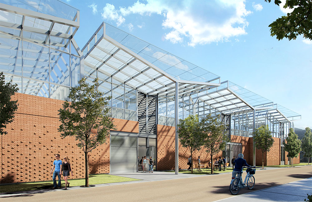 Image 1. Rendering showing side view of a 2-story modern building facility. The first floor of the building is clad with red bricks while the second floor is constructed entirely of glass and steel, featuring angular dynamic geometries and awnings.