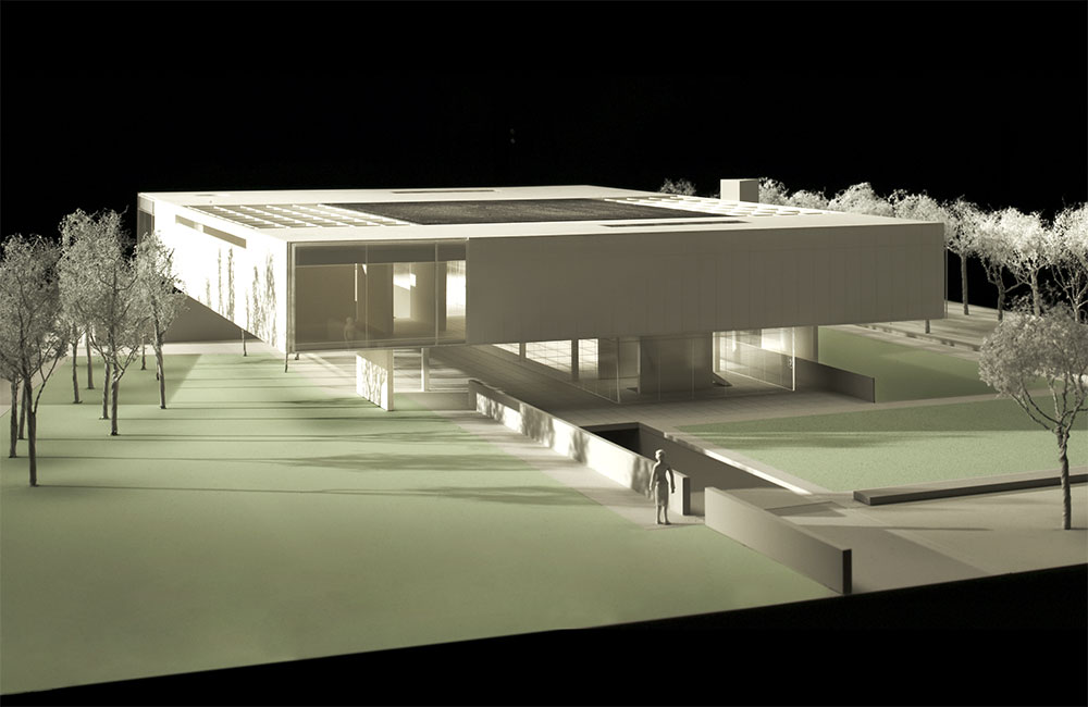 Image 4. Corner aerial side view of 2-story modern residence model.