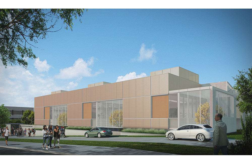 Image 1. Rendering showing side view of a modern 2-story building featuring modular panel design and large windows.