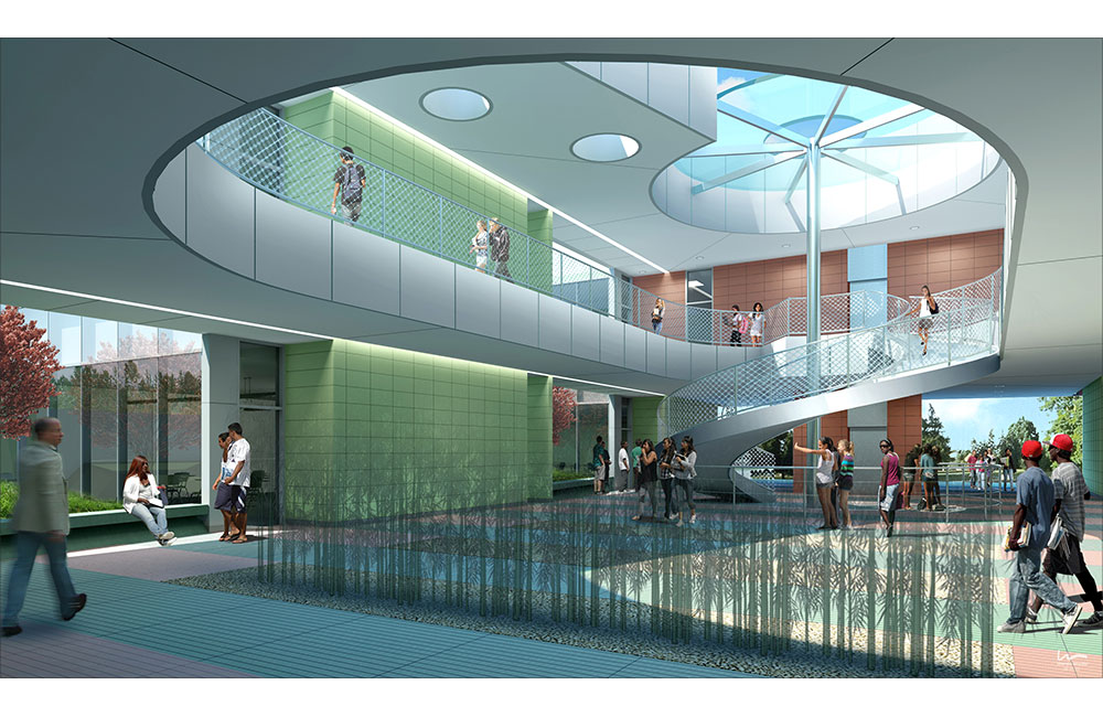 Image 2. Rendering of central courtyard with modern metal spiral staircase leading up to the second floor.