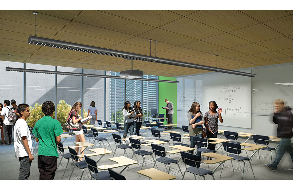 Image 3. Rendering of classroom interior with wood ceiling panels and suspended linear lighting fixtures.