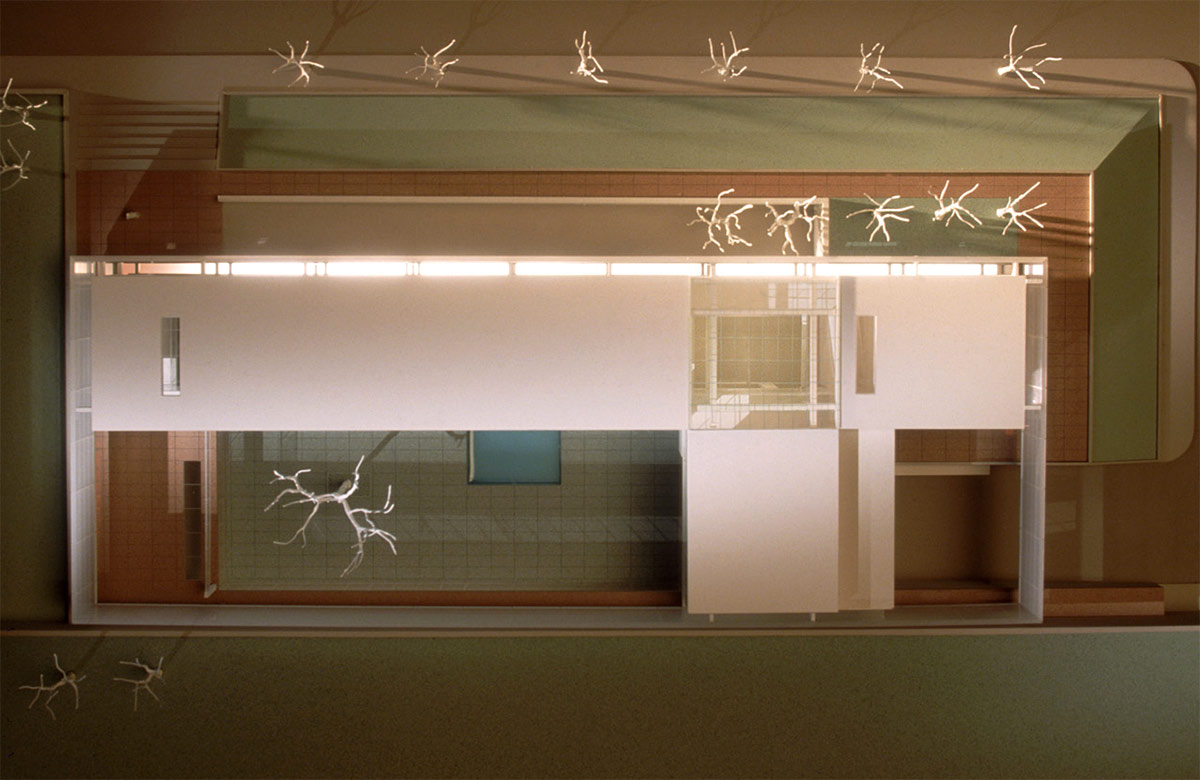 Image 1. Top view of modern 2-story residence model showing courtyard.