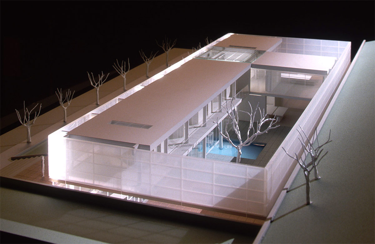 Image 6. Three quarter aerial side view of residence model showing courtyard.