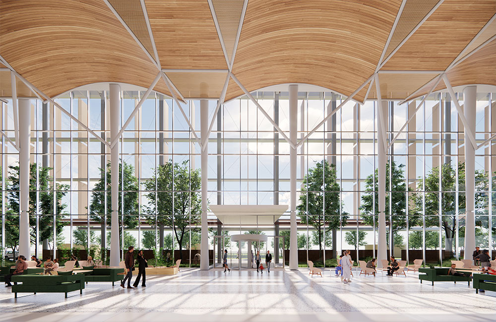 Image 3. Rendering showing main entrance lobby with wood paneled ceiling.