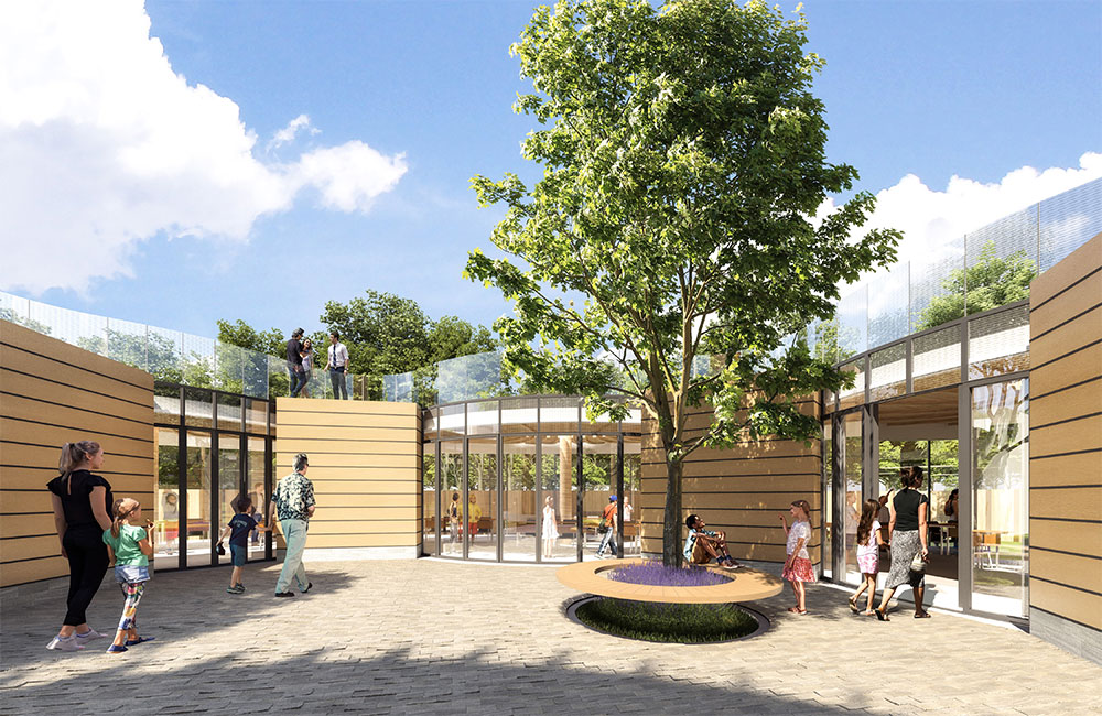 Image 6. Rendering of central courtyard showing a medium sized tree located to the right surrounded by purple flowers at the base. A circular bench wraps around the tree providing seating for visitors.