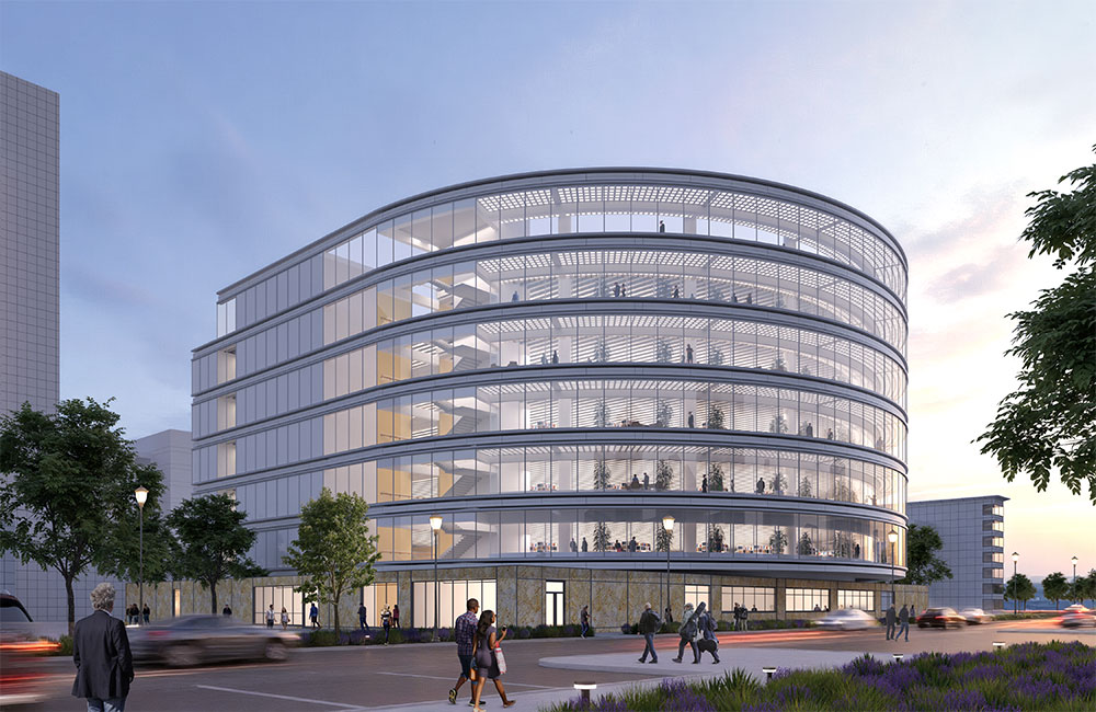 Image 4. Exterior street level rendering of modern 7-story glass facade building with cylindrical form on the right side.