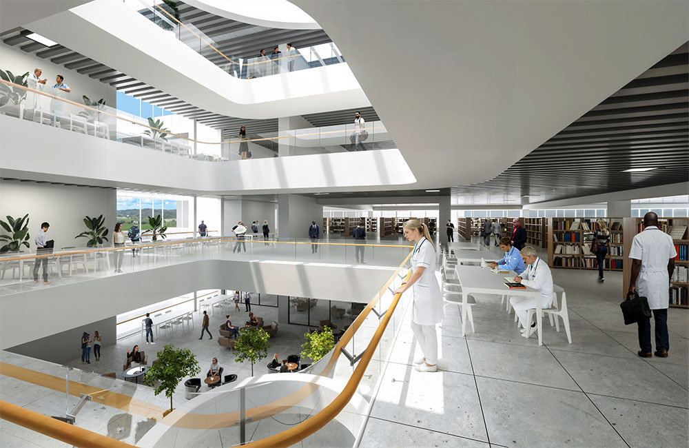 Image 5. Interior rendering of the central atrium seen from second floor perspective.