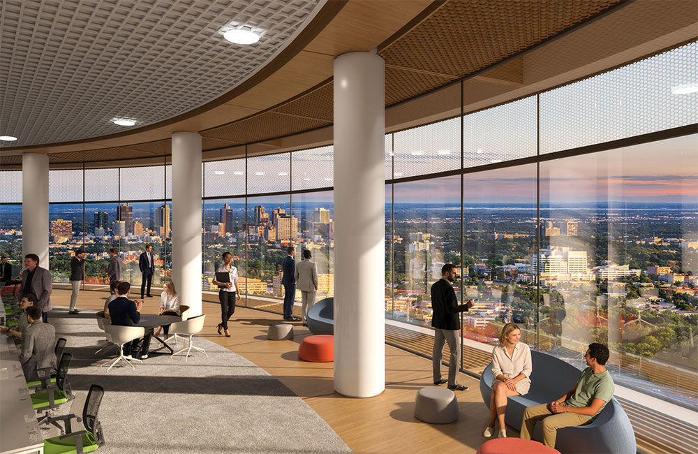 Image 6. Interior rendering of a sunset view of the city from the perimeter of the sixth floor.
