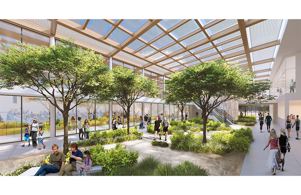 Image 3. Rendering of main courtyard showing a grid of beams and glass panels above. Trees, plants, benches and pedestrian paths are located in the central zone of the courtyard. 