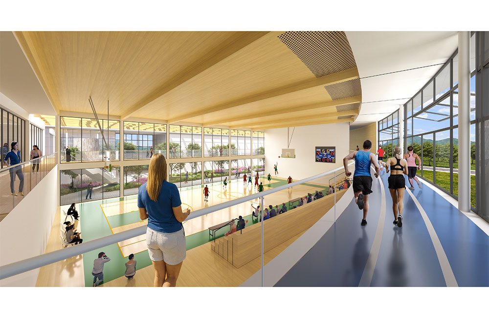 Image 4. Rendering of second floor perimeter running track overlooking the basketball court below.