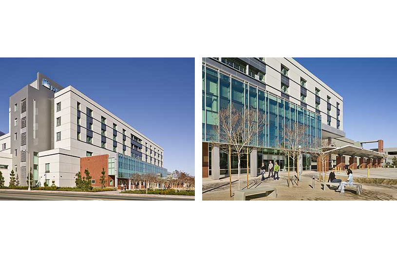 2 images showing a 6-story modern hospital comprised of a grey circulation tower on the left, a beige-colored main building in the center and a 2-story terra cotta-colored entry structure to the right.