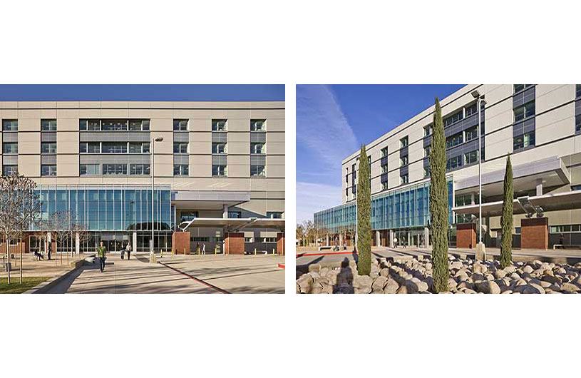 2 images showing a close up view of the 2-story entry structure with glass panel grid facade covering the second floor.