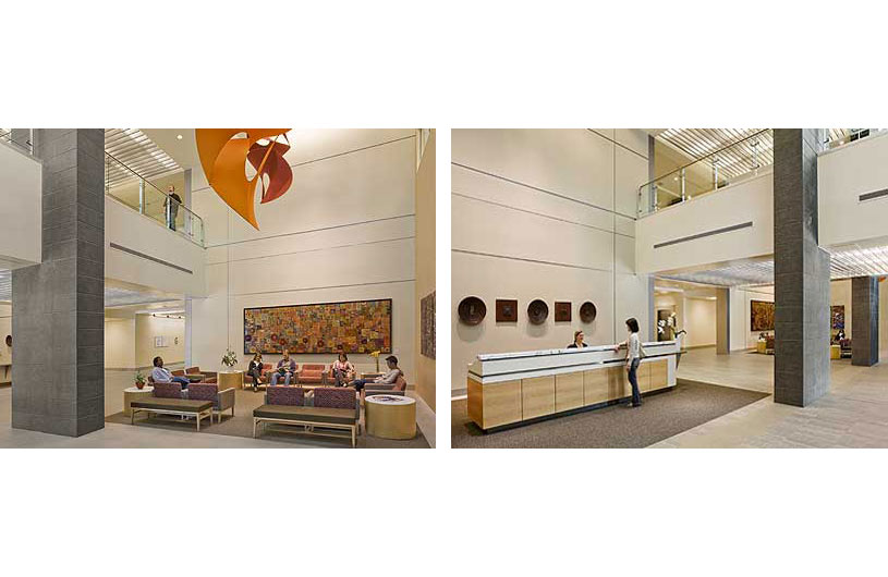 2 images showing double height lobby interior of hospital.
