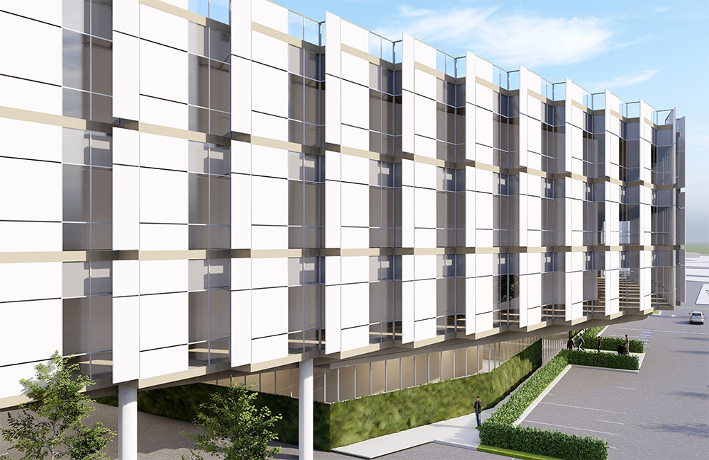 Image 3. Rendering showing close-up exterior view of angled white vertical sunshade fins.
