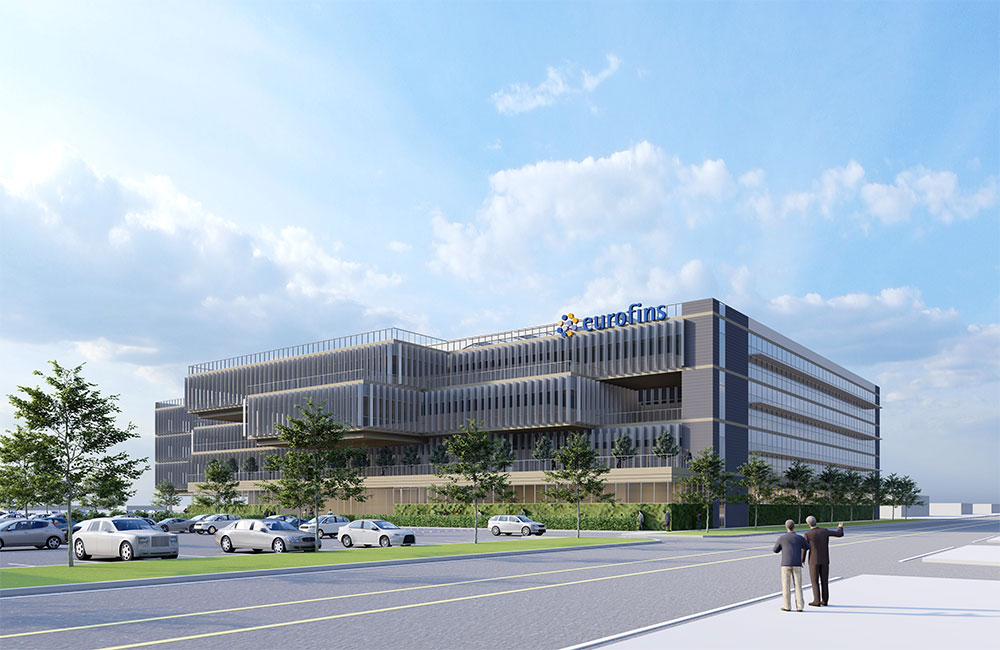 Image 5. Street view rendering of modern 4-story building with staggered, cantilevered floors.