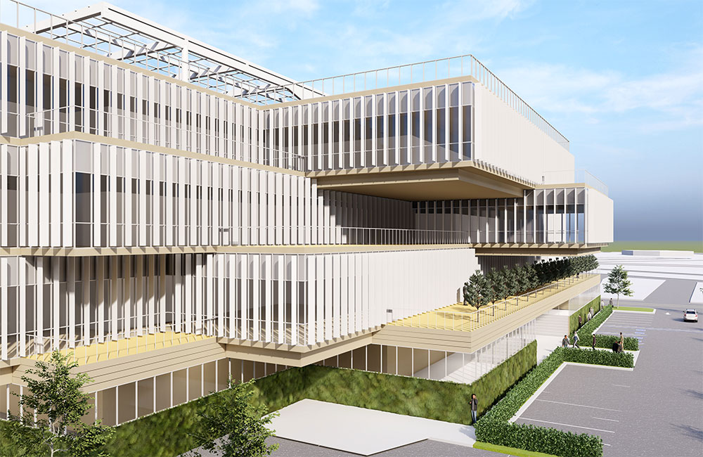 Image 6. Rendering showing close-up exterior view of staggered, cantilevered floors. Thin vertical fins running horizontally along the facade provide shade for the second, third and fourth floors.
