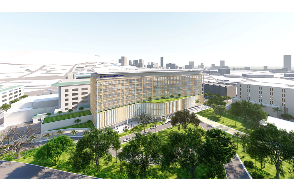 Image 5. Exterior aerial rendering of curved facade 6-story modern building situated on top of a curved 3 story plinth structure.