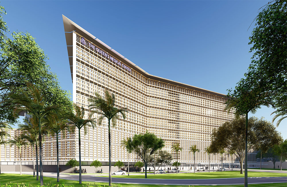 Image 12. Exterior street level rendering of angular building entry.