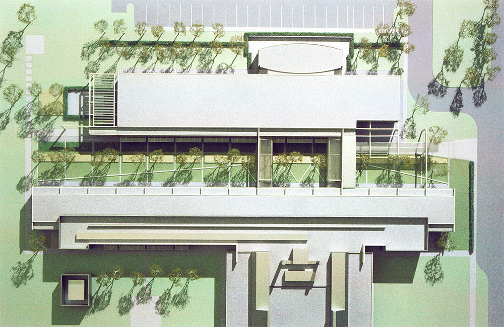 Image 1. Top view of model showing 2 long linear modern buildings with an outdoor lawn area populated with trees located between them.