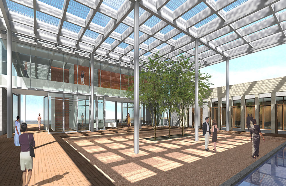 Image 6. Rendering of courtyard from lower level perspective showing 3 trees on the right and columns supporting a grid of beams above.