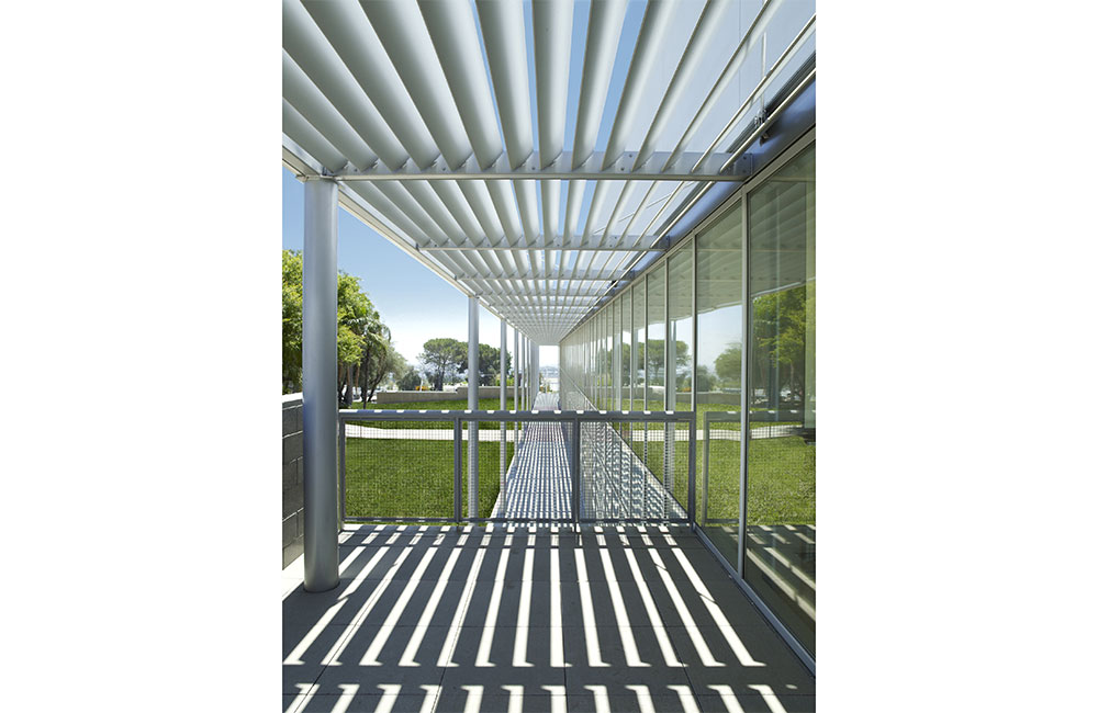 Image 4. Close-up exterior view of building showing glass curtain wall facade on the right and a horizontal slatted canopy above.