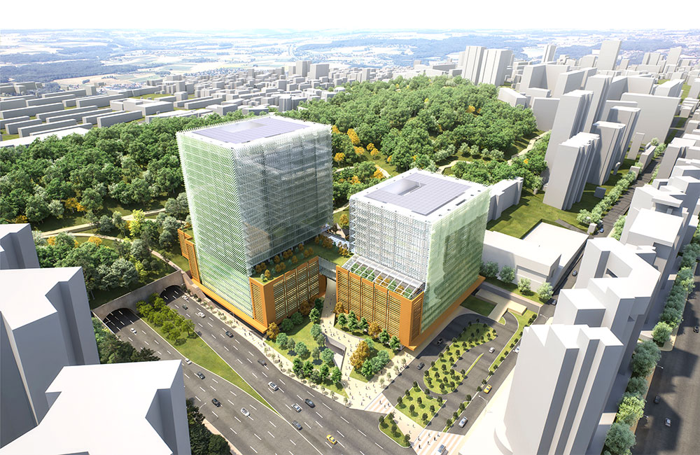 Image 1. Exterior aerial rendering of 2 modern hospital towers.